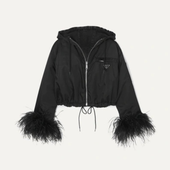 PRADA Reversible Cropped Detachable Feather-trimmed Denim And Nylon Jacket - Picture 4 of 11